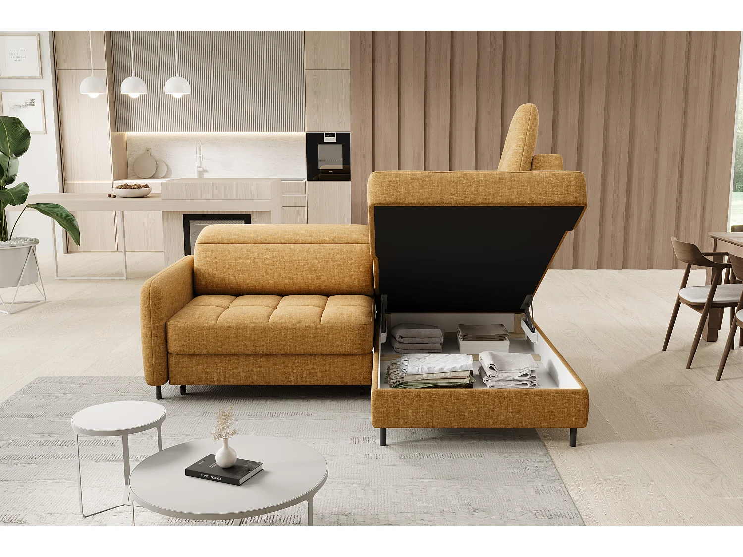 Petit canapé d'angle en tissu convertible avec coffre BOREA 208cm-Camel-angle droit