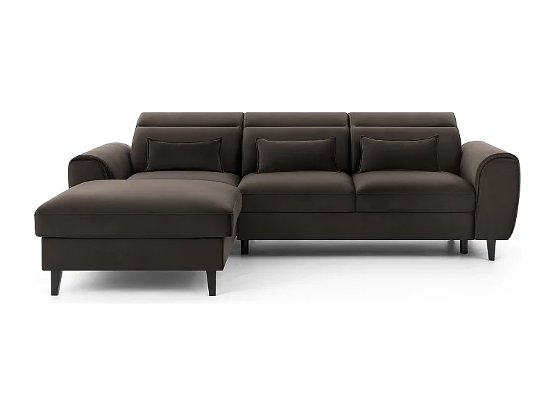 Canapé d'angle convertible velours appuis-tête réglables ASTORIA - Coffre et pieds bois noir-Marron-angle gauche