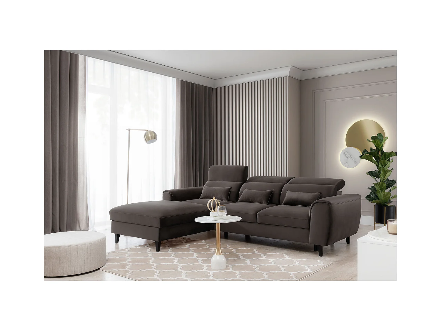 Canapé d'angle convertible velours appuis-tête réglables ASTORIA - Coffre et pieds bois noir-Marron-angle gauche