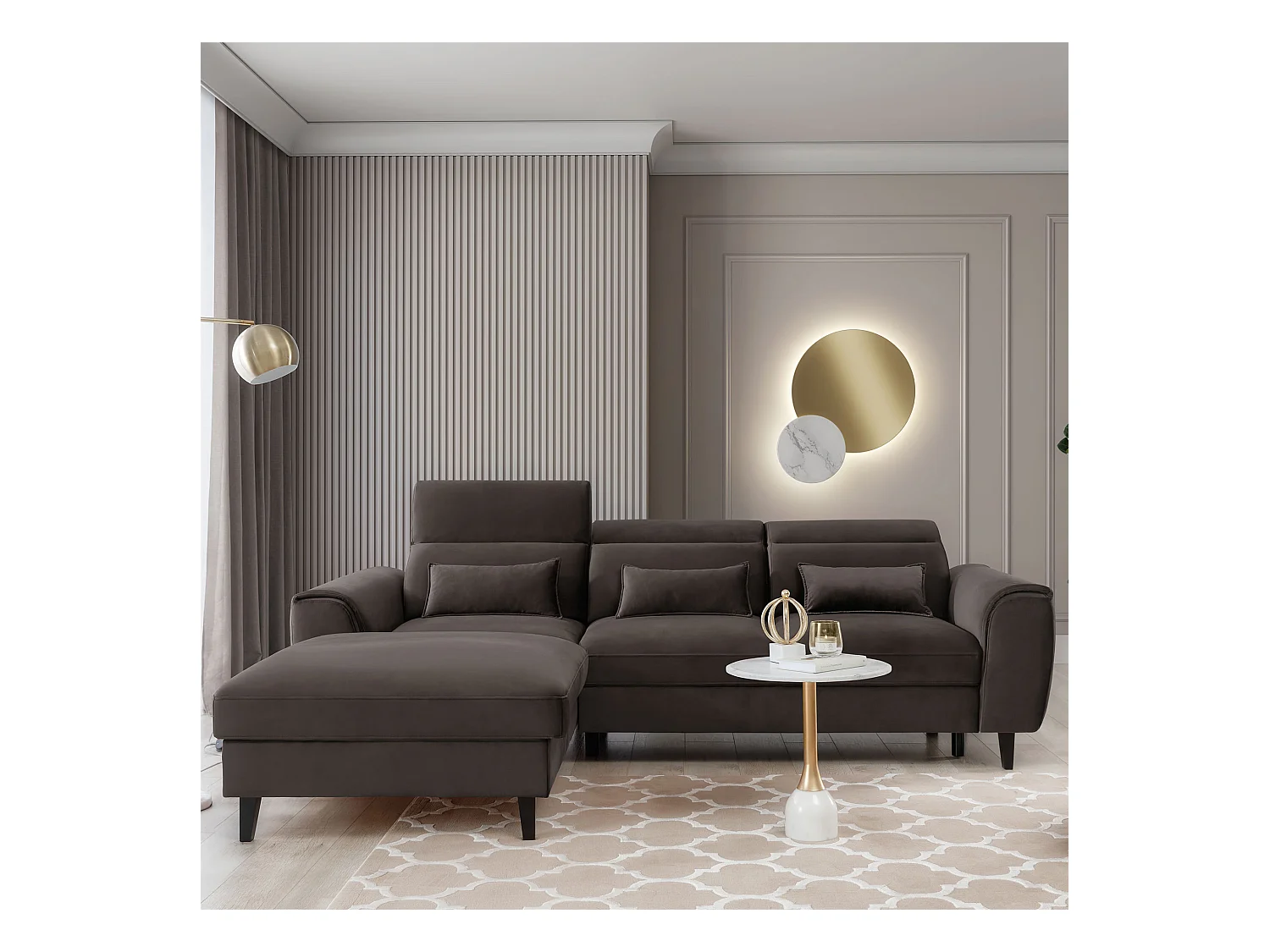 Canapé d'angle convertible velours appuis-tête réglables ASTORIA - Coffre et pieds bois noir-Marron-angle gauche