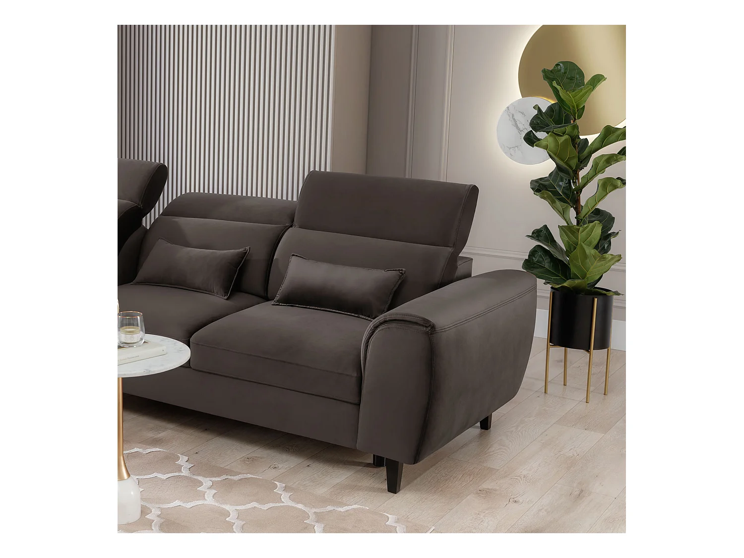 Canapé d'angle convertible velours appuis-tête réglables ASTORIA - Coffre et pieds bois noir-Marron-angle gauche