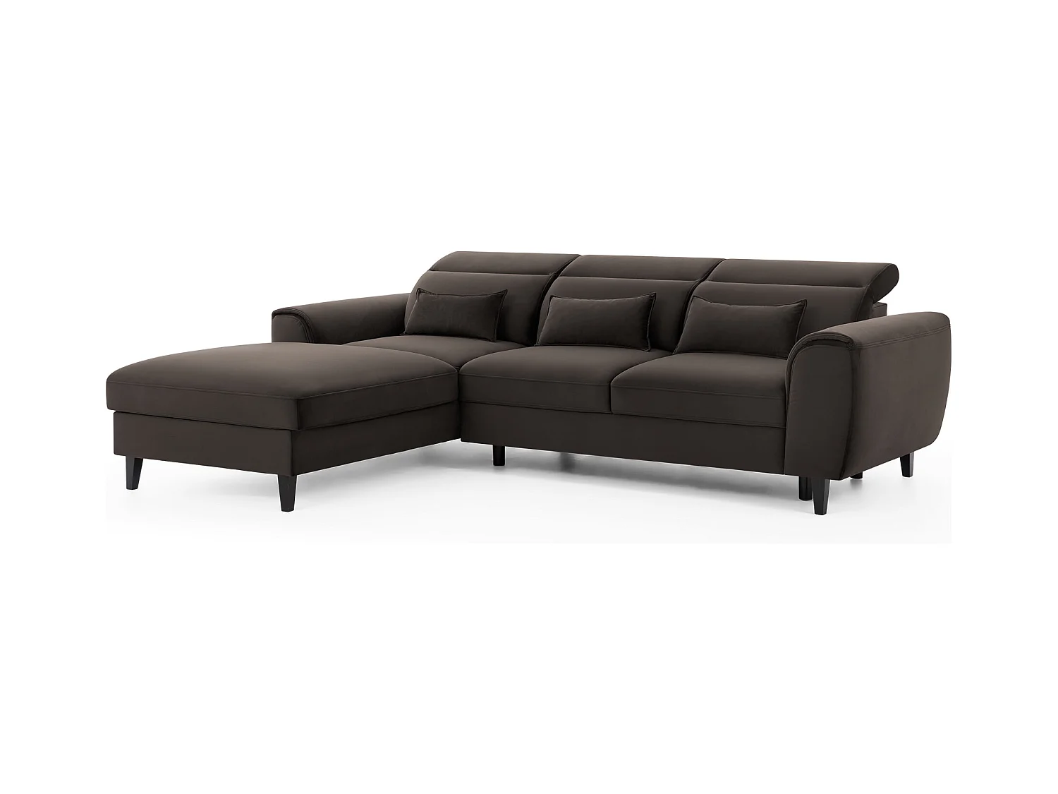 Canapé d'angle convertible velours appuis-tête réglables ASTORIA - Coffre et pieds bois noir-Marron-angle gauche