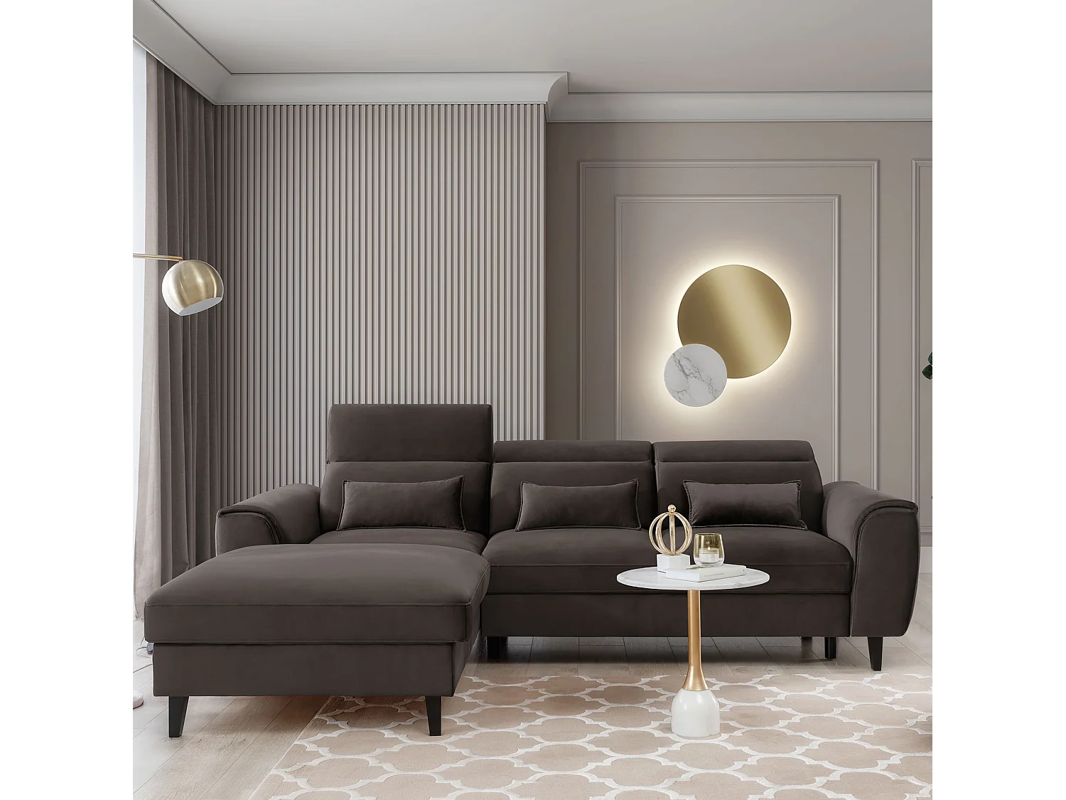 Canapé d'angle convertible velours appuis-tête réglables ASTORIA - Coffre et pieds bois noir-Marron-angle gauche