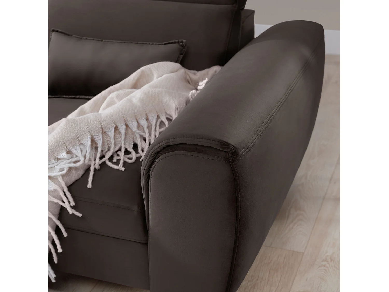 Canapé d'angle convertible velours appuis-tête réglables ASTORIA - Coffre et pieds bois noir-Marron-angle gauche