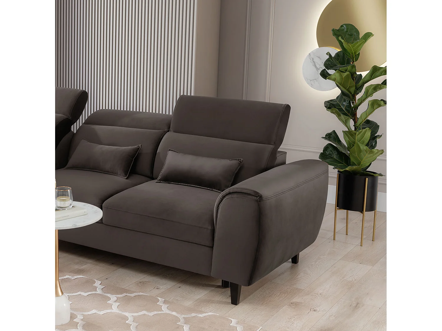 Canapé d'angle convertible velours appuis-tête réglables ASTORIA - Coffre et pieds bois noir-Marron-angle gauche