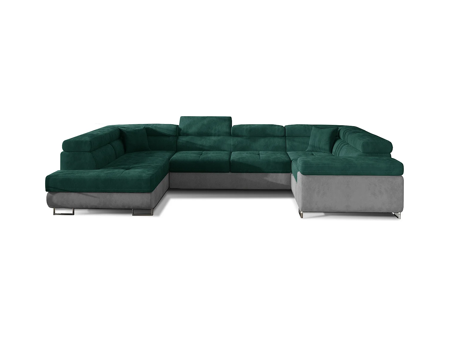 Canapé convertible panoramique TOVY velours - Rangement et têtières réglables-Gris clair/Vert-Coffre à gauche