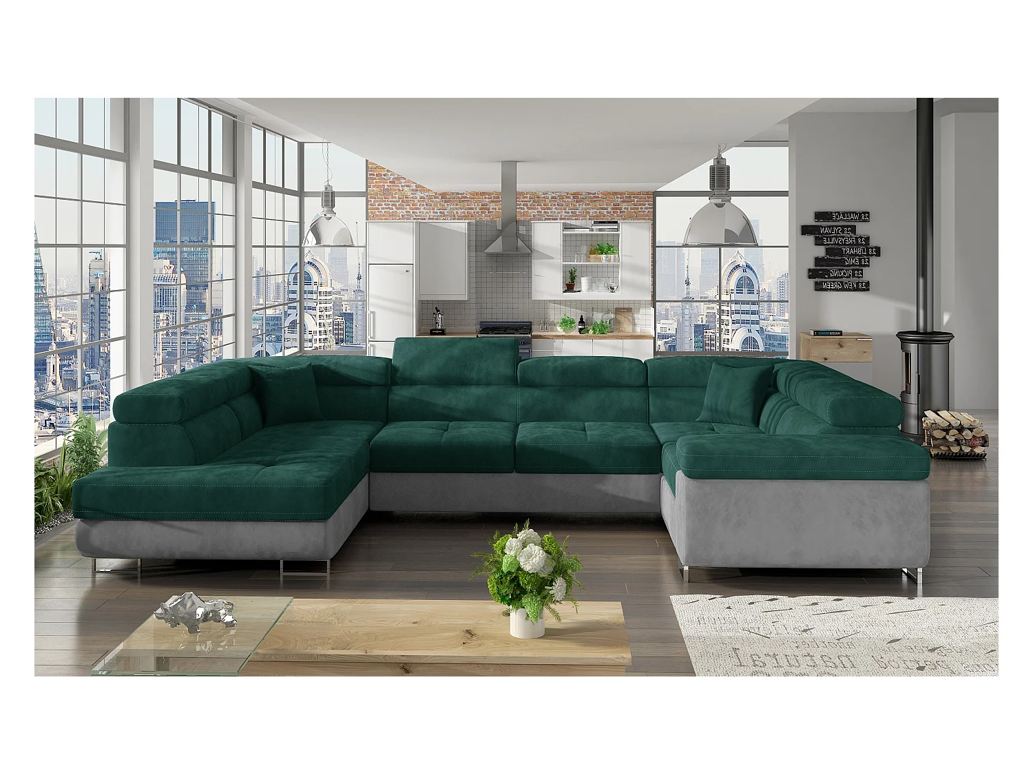 Canapé convertible panoramique TOVY velours - Rangement et têtières réglables-Gris clair/Vert-Coffre à gauche