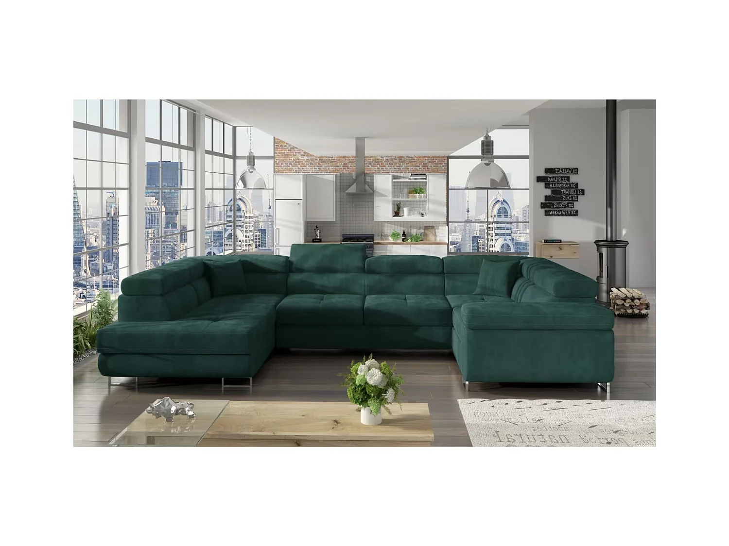 Canapé convertible panoramique TOVY velours - Rangement et têtières réglables-Gris clair/Vert-Coffre à gauche