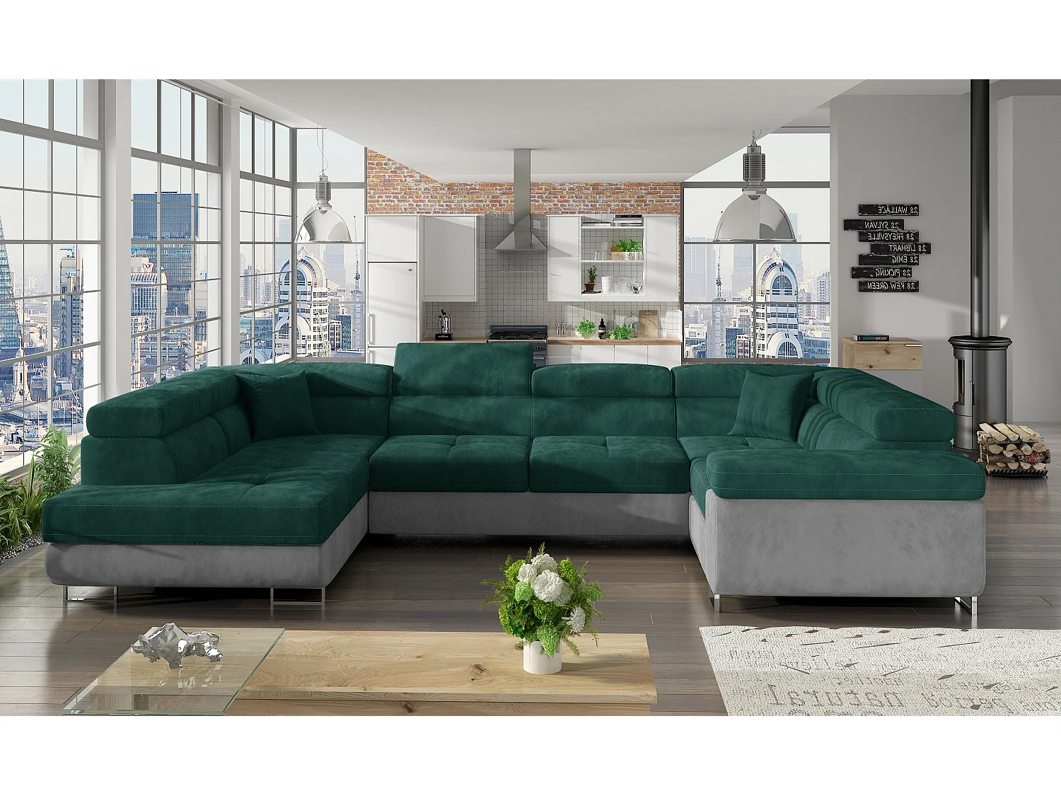 Canapé convertible panoramique TOVY velours - Rangement et têtières réglables-Gris clair/Vert-Coffre à gauche