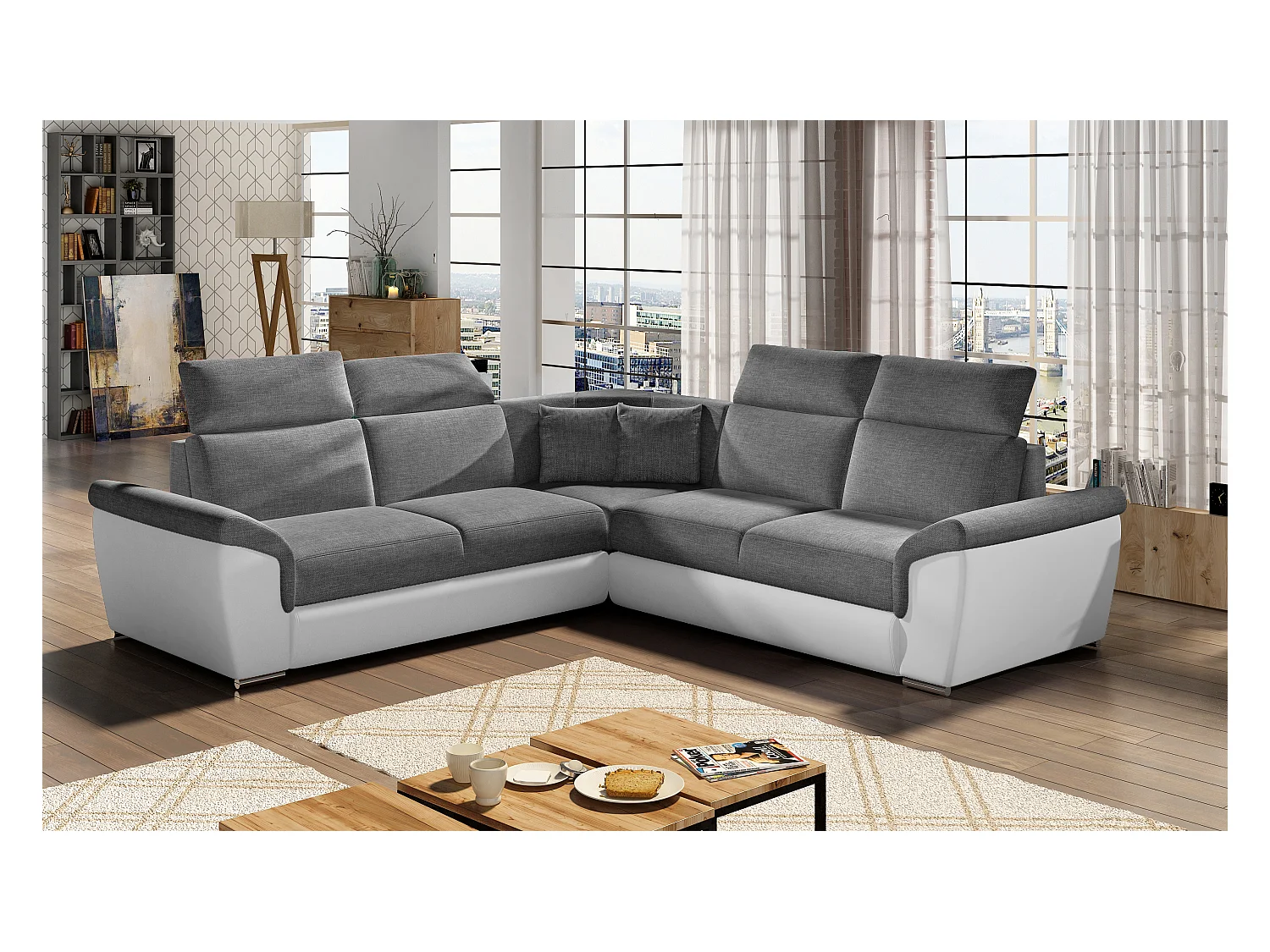 Canapé d'angle réversible et convertible bi-matières Neo - Pieds acier chromé-Blanc/Gris chiné