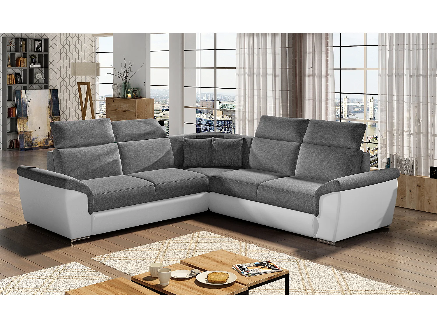 Canapé d'angle réversible et convertible bi-matières Neo - Pieds acier chromé-Blanc/Gris chiné