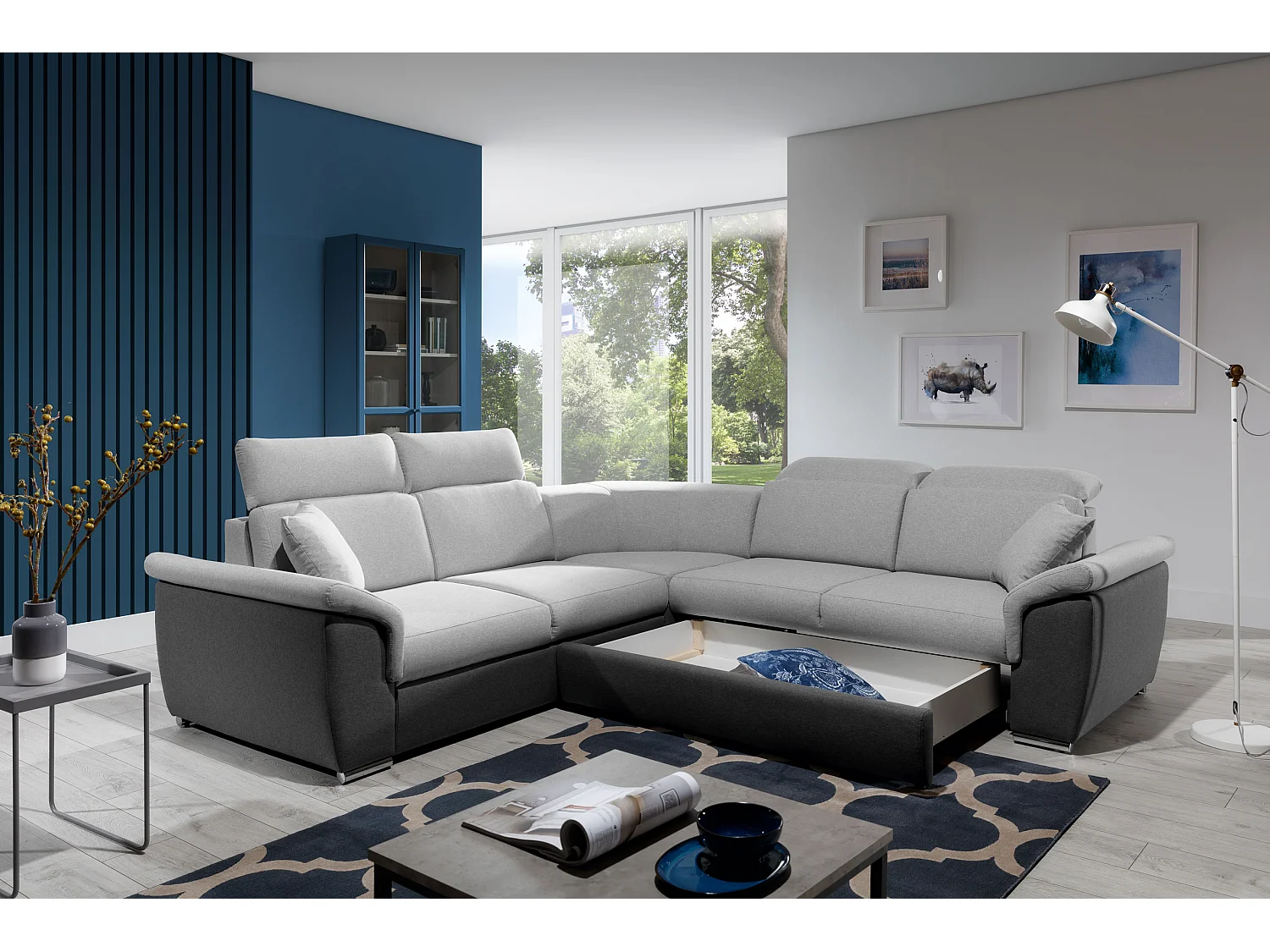 Canapé d'angle réversible et convertible bi-matières Neo - Pieds acier chromé-Blanc/Gris chiné