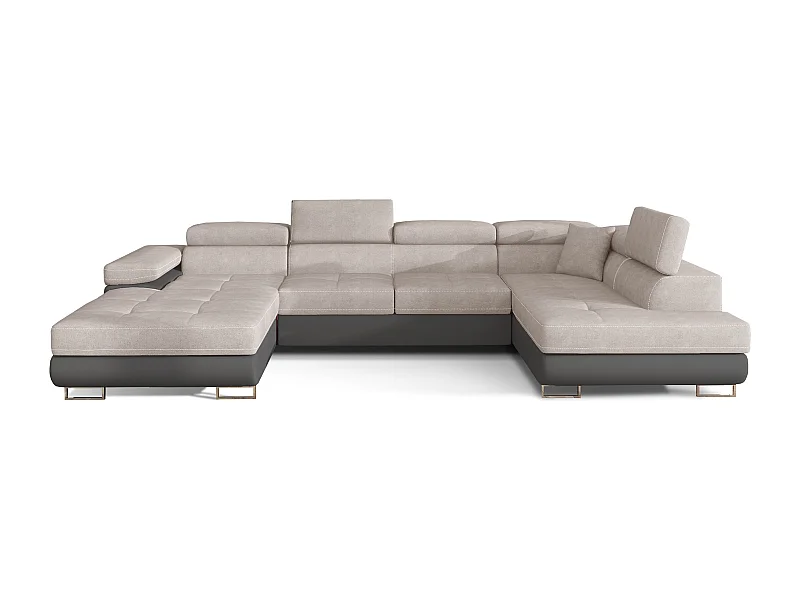 Canapé panoramique convertible ROMANO - Rangement et appuie-têtes réglables-Gris foncé/Beige clair-Coffre à droite