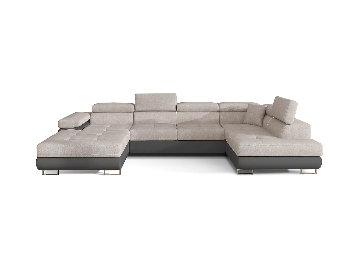 Canapé panoramique convertible ROMANO - Rangement et appuie-têtes réglables-Gris foncé/Beige clair-Coffre à droite