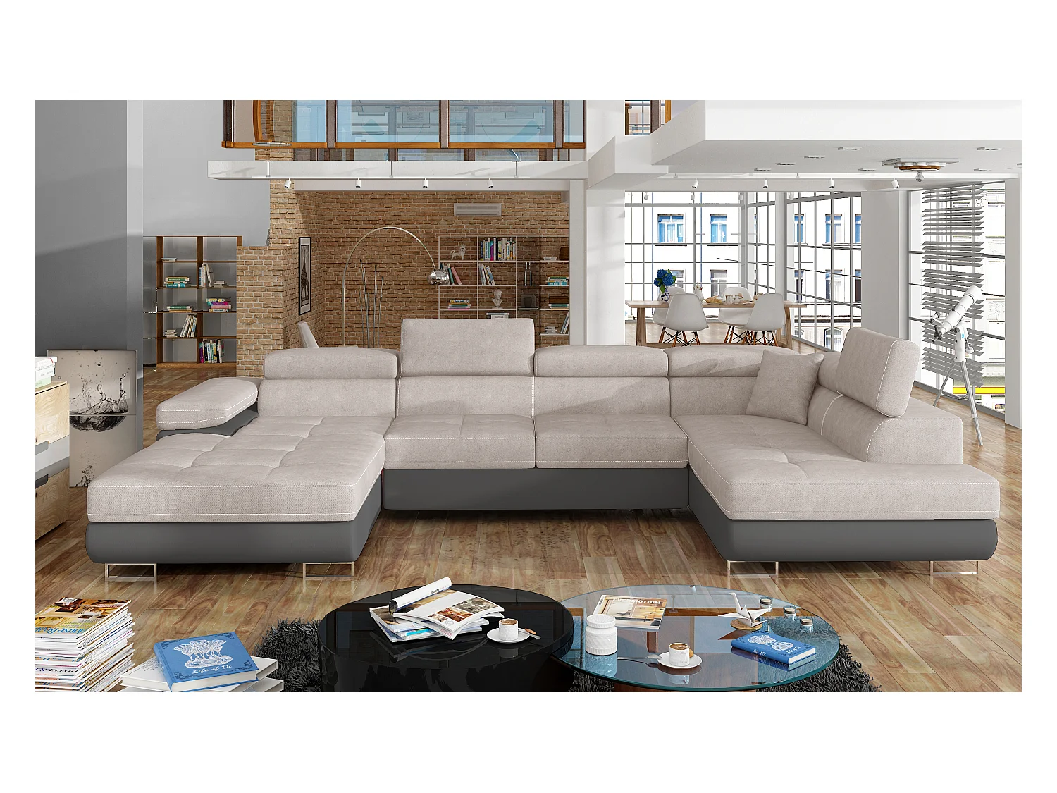 Canapé panoramique convertible ROMANO - Rangement et appuie-têtes réglables-Gris foncé/Beige clair-Coffre à droite