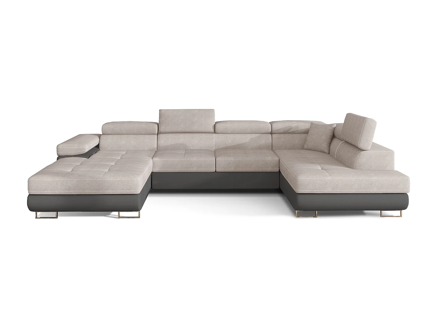 Canapé panoramique convertible ROMANO - Rangement et appuie-têtes réglables-Gris foncé/Beige clair-Coffre à droite