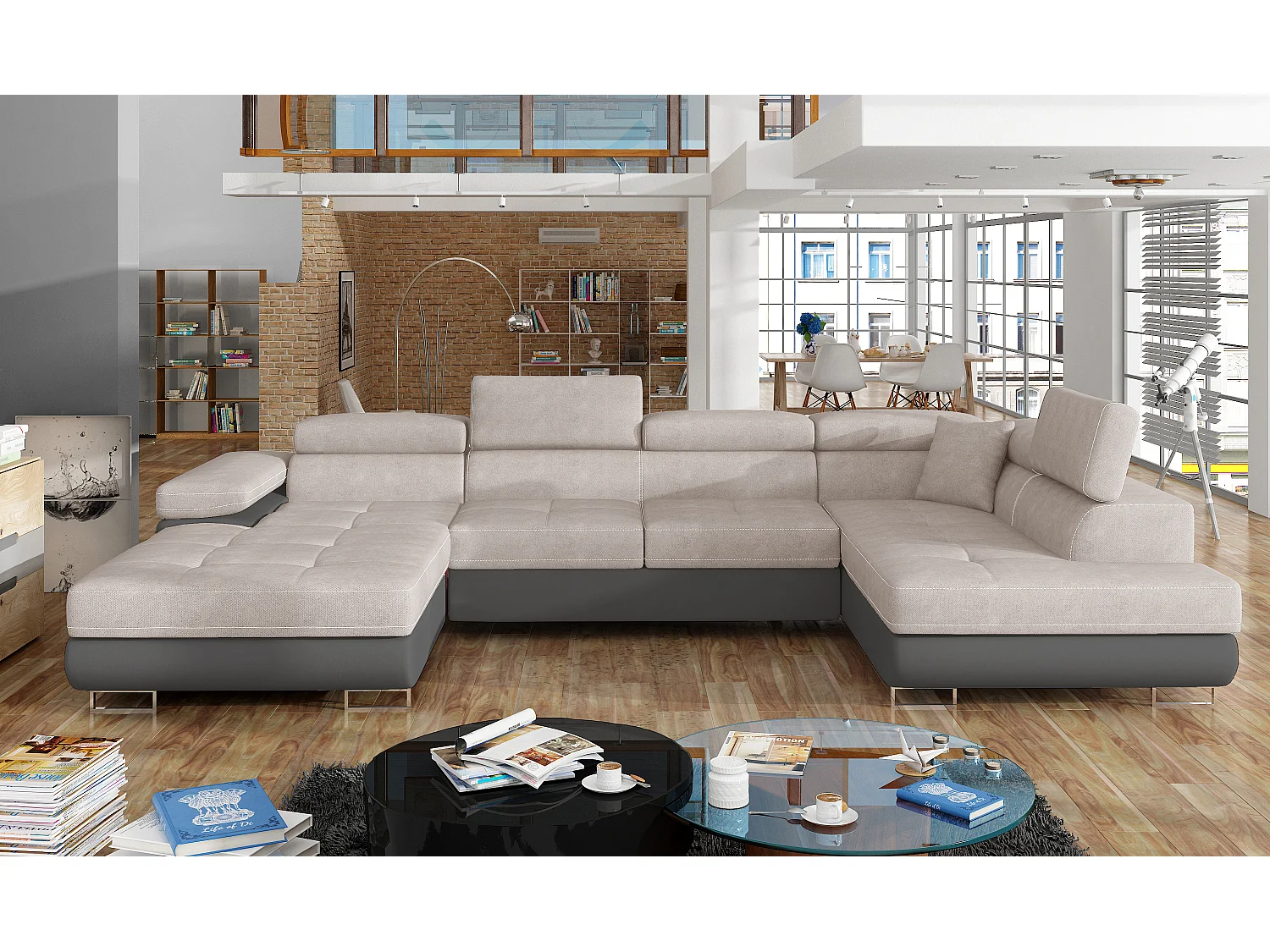 Canapé panoramique convertible ROMANO - Rangement et appuie-têtes réglables-Gris foncé/Beige clair-Coffre à droite