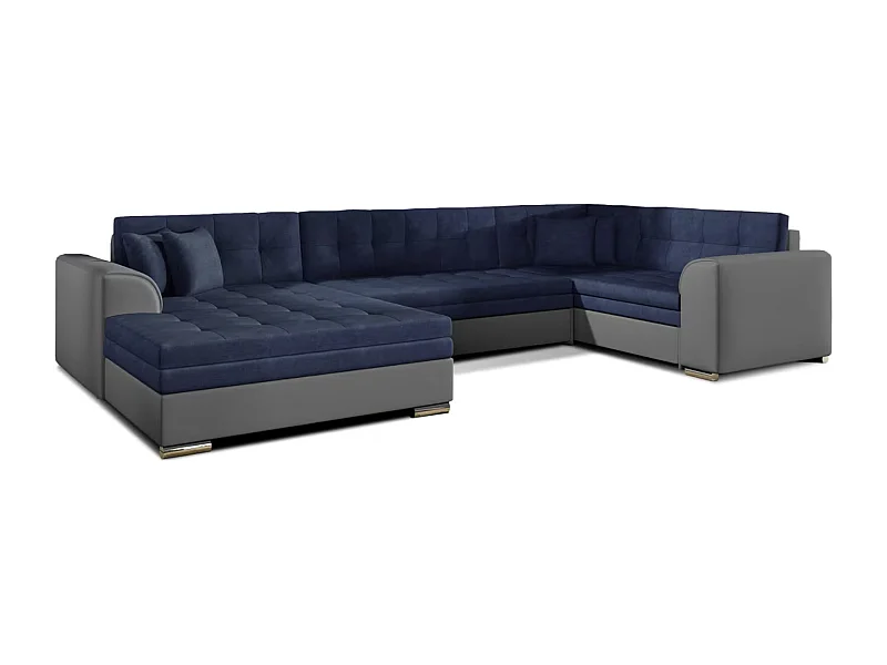 Canapé panoramique convertible DIANO velours-Gris/Bleu foncé-Méridienne A gauche