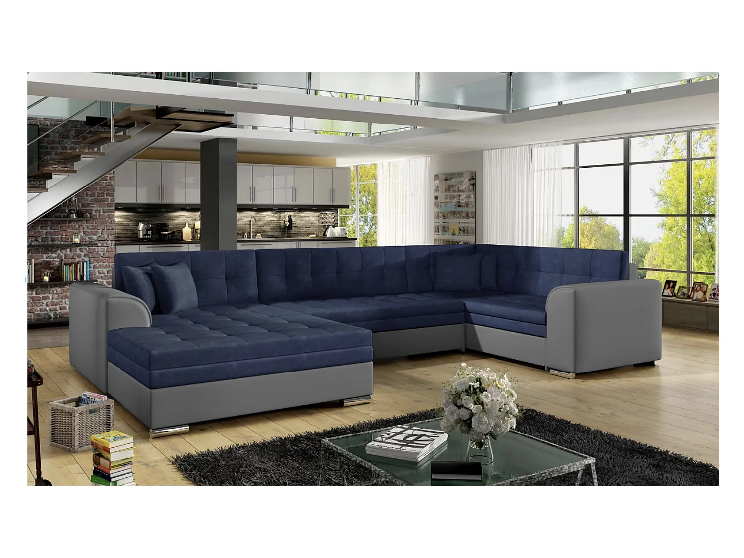 Canapé panoramique convertible DIANO velours-Gris/Bleu foncé-Méridienne A gauche