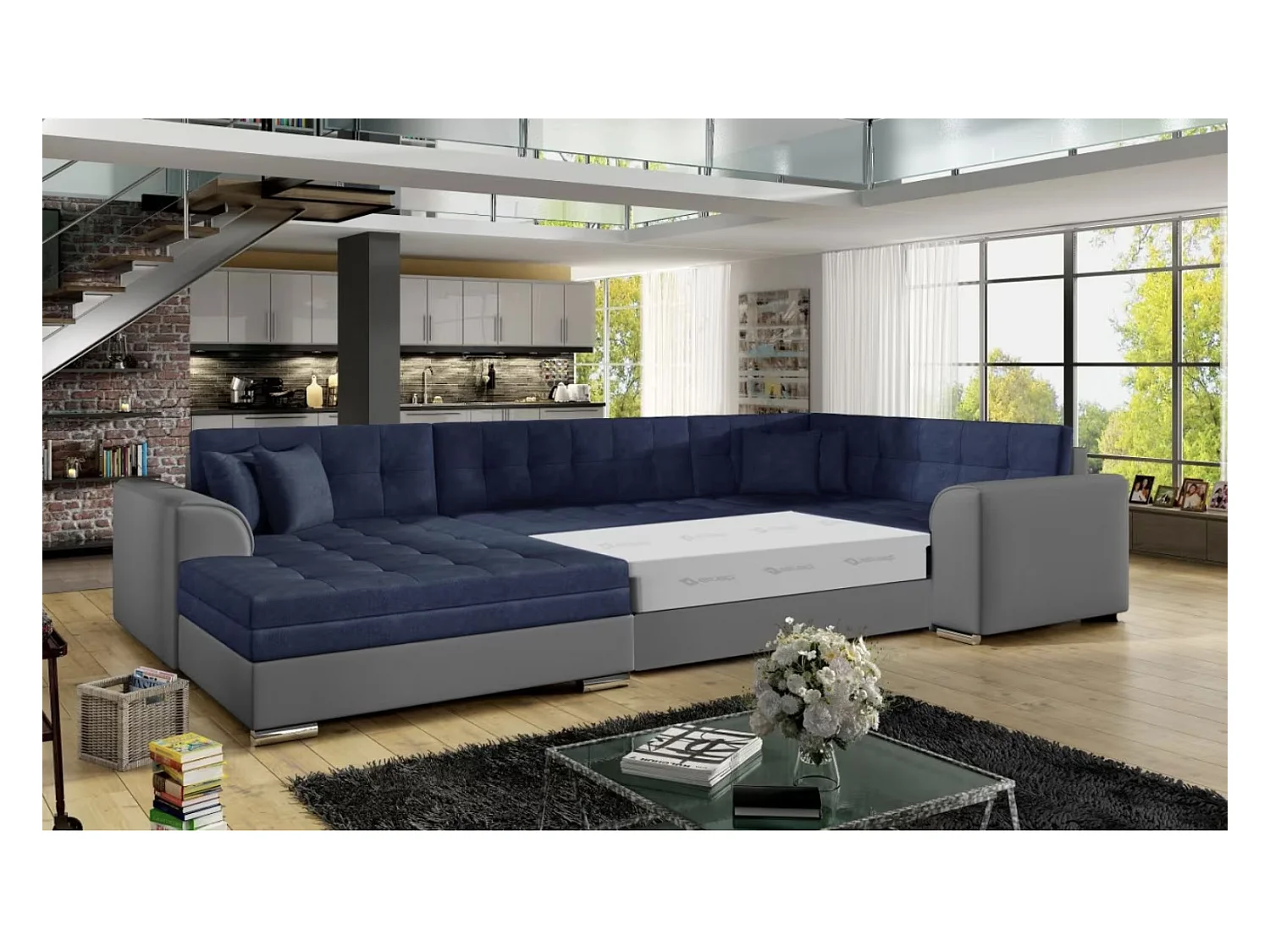 Canapé panoramique convertible DIANO velours-Gris/Bleu foncé-Méridienne A gauche