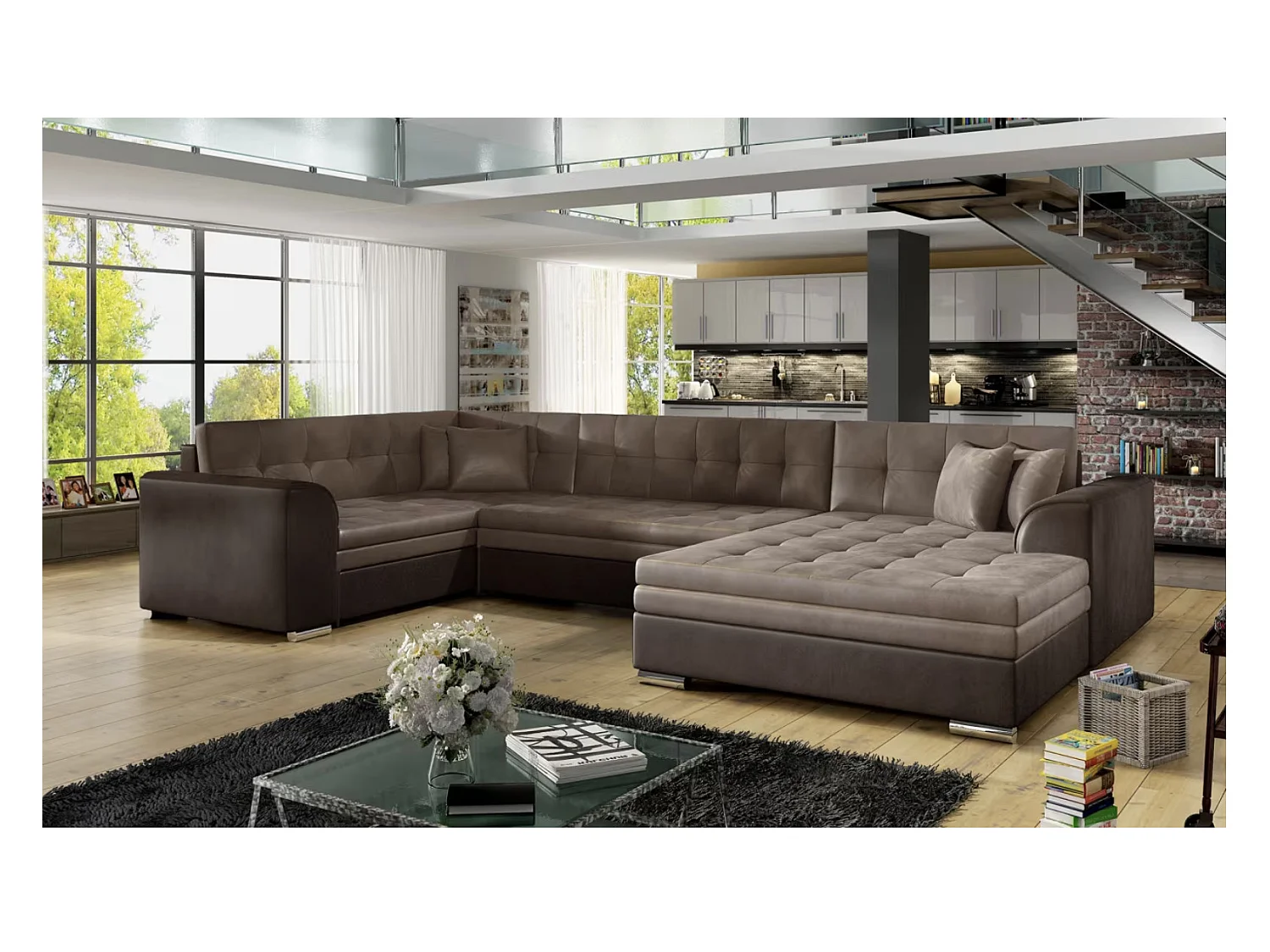 Canapé panoramique convertible DIANO velours-Gris/Bleu foncé-Méridienne A gauche