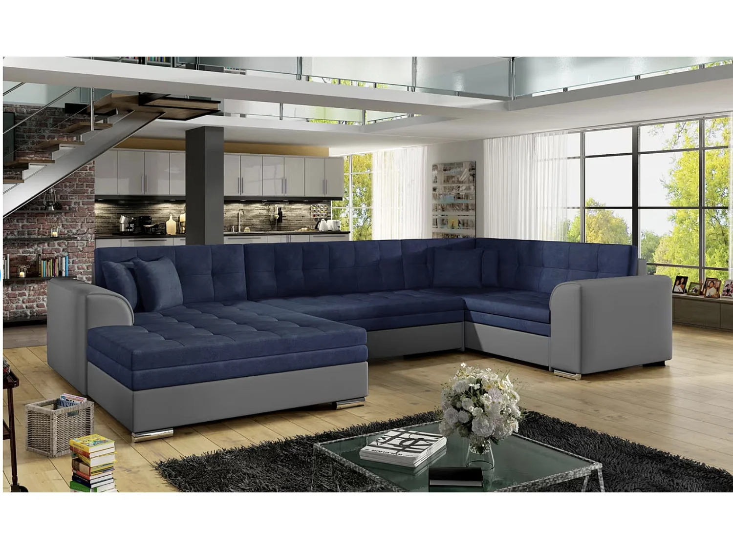 Canapé panoramique convertible DIANO velours-Gris/Bleu foncé-Méridienne A gauche