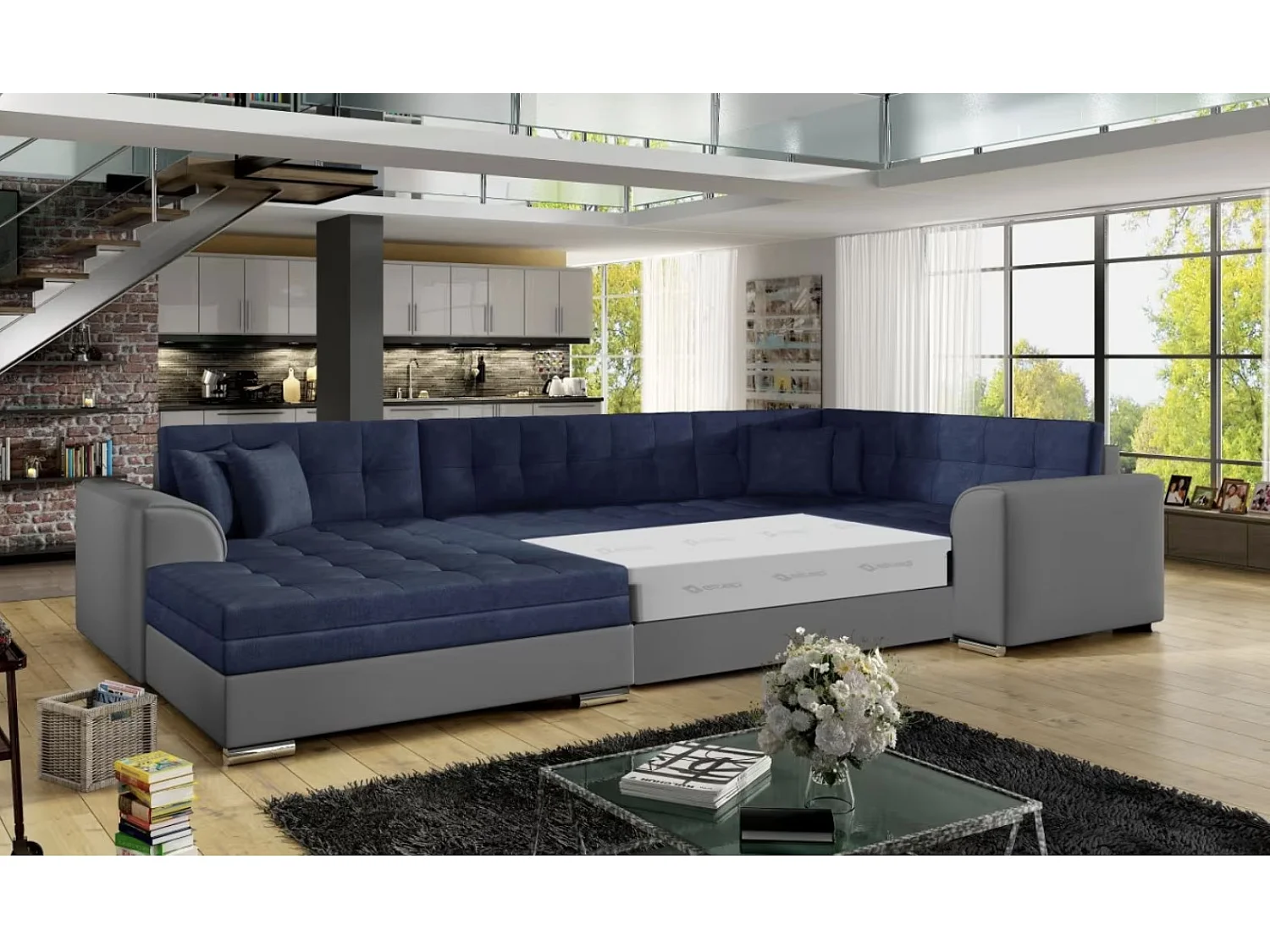 Canapé panoramique convertible DIANO velours-Gris/Bleu foncé-Méridienne A gauche