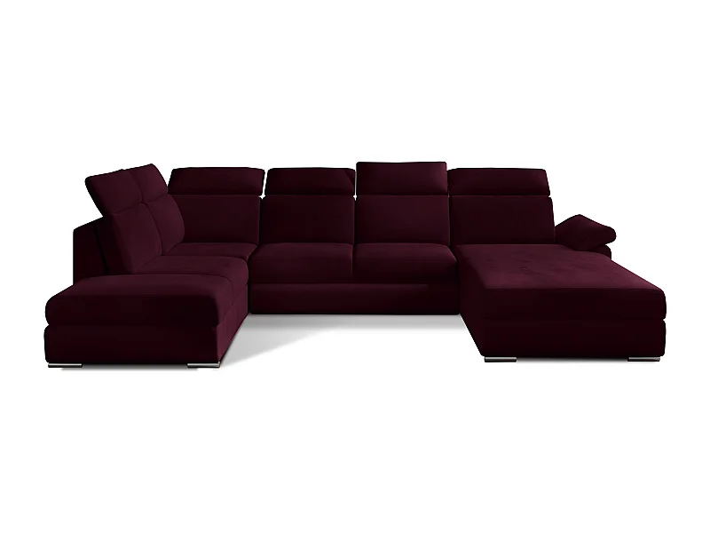 Canapé panoramique convertible LEVANO velours - Rangement et appuie-têtes réglables-Prune-Coffre à droite