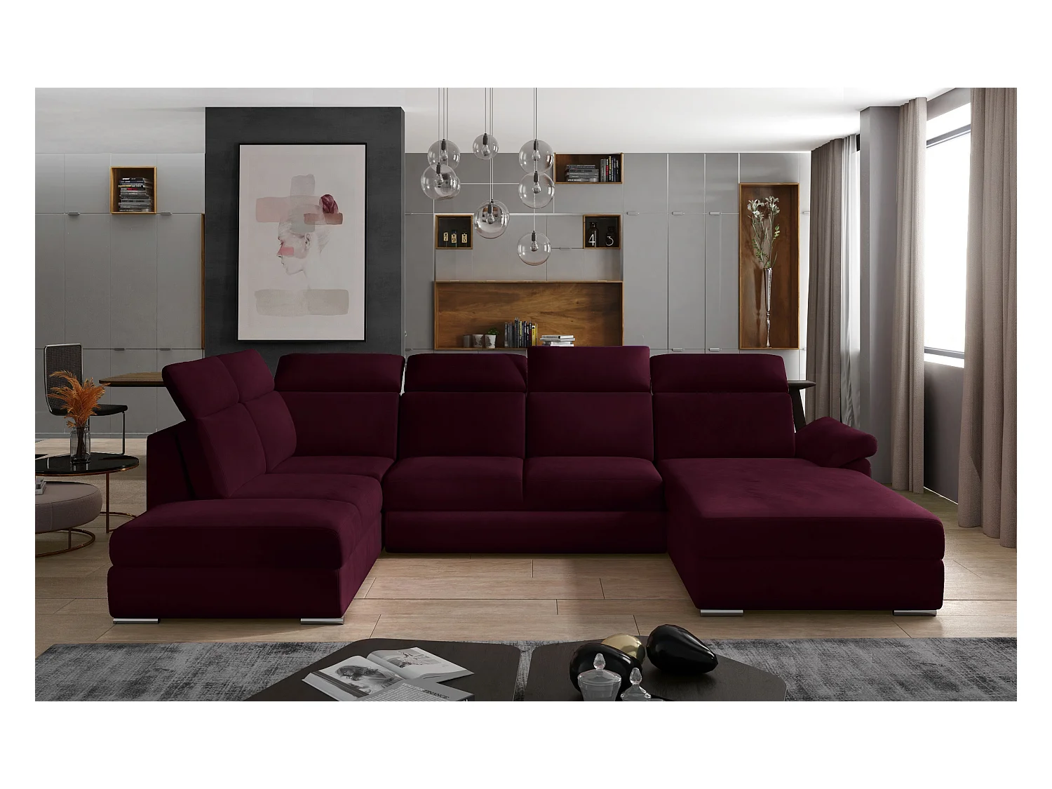 Canapé panoramique convertible LEVANO velours - Rangement et appuie-têtes réglables-Prune-Coffre à droite