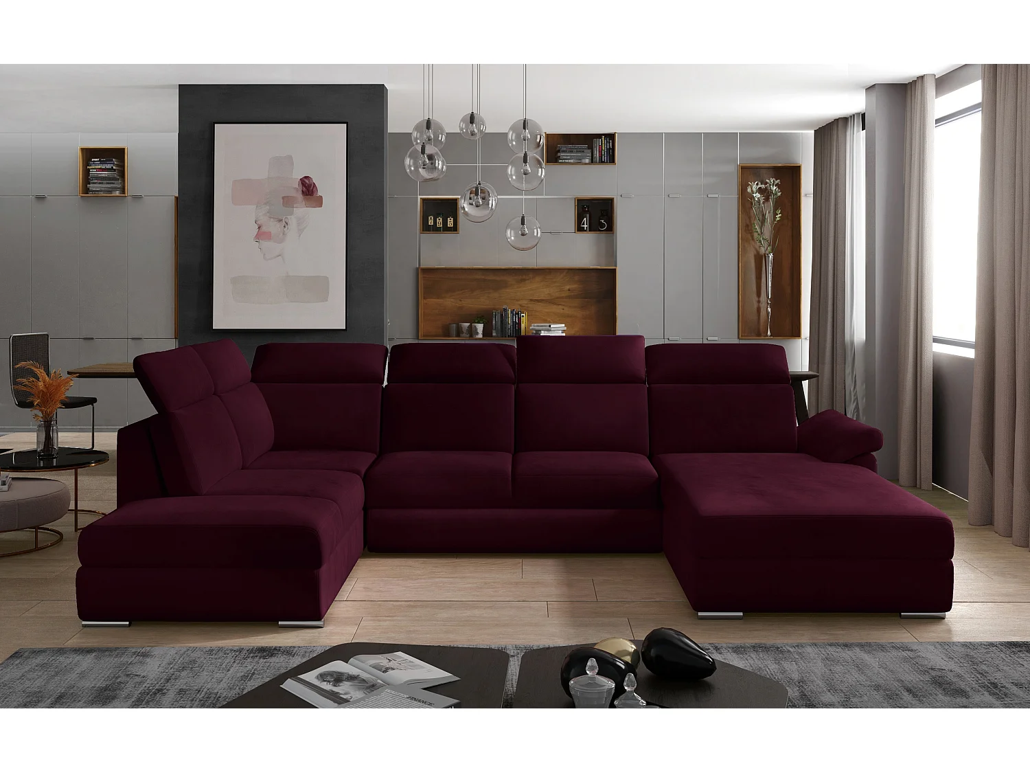 Canapé panoramique convertible LEVANO velours - Rangement et appuie-têtes réglables-Prune-Coffre à droite