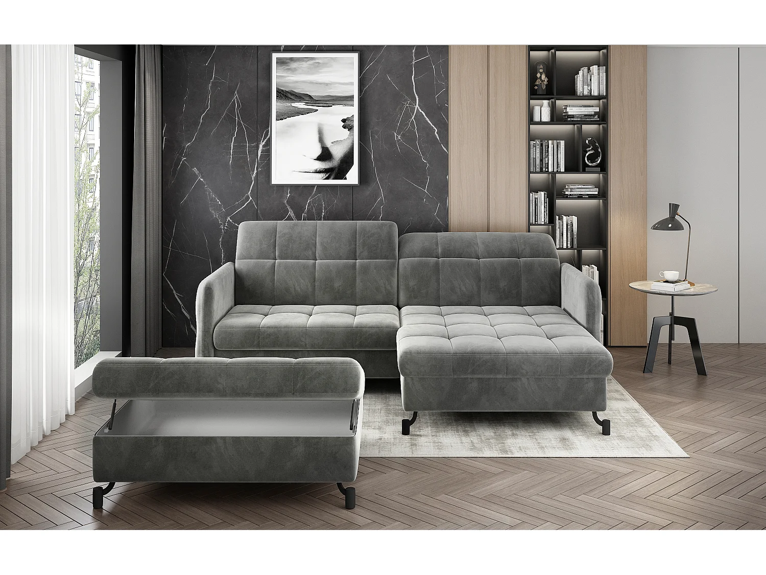 Canapé d'angle convertible velours avec coffre de rangement LORI-Bleu marine-angle droit