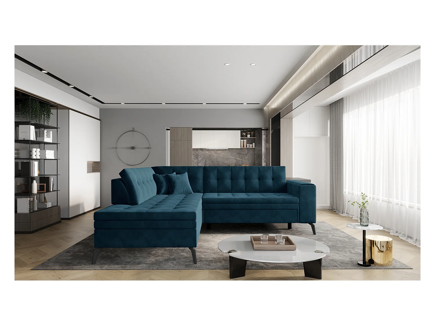 Canapé d'angle convertible velours LARRY - Pieds acier noir-Bleu pétrole-angle gauche