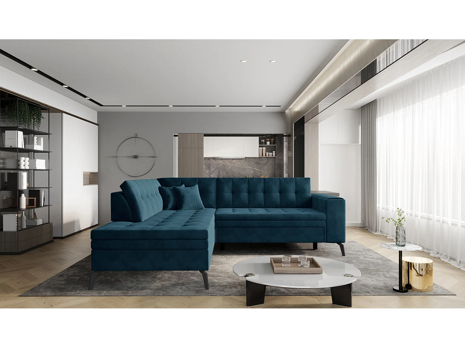 Canapé d'angle convertible velours LARRY - Pieds acier noir-Bleu pétrole-angle gauche