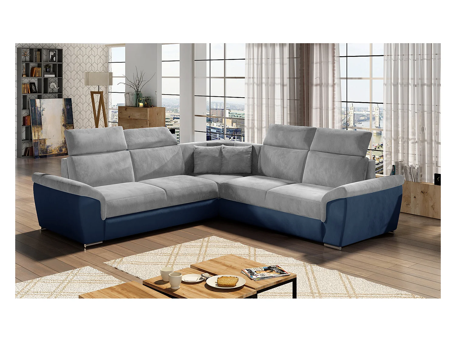 Canapé d'angle réversible et convertible velours Neo - Pieds acier chromé-Bleu/Gris clair