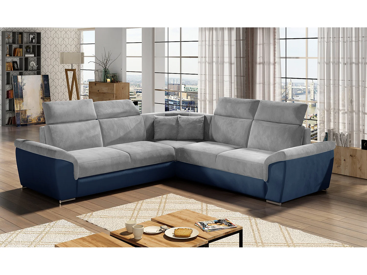 Canapé d&#039;angle réversible et convertible velours Neo - Pieds acier chromé-Bleu/Gris clair