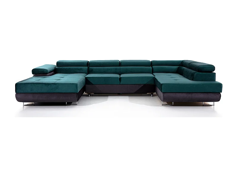 Canapé panoramique convertible ROMANO - Rangement et appuie-têtes réglables-Gris foncé/Vert-Coffre à droite