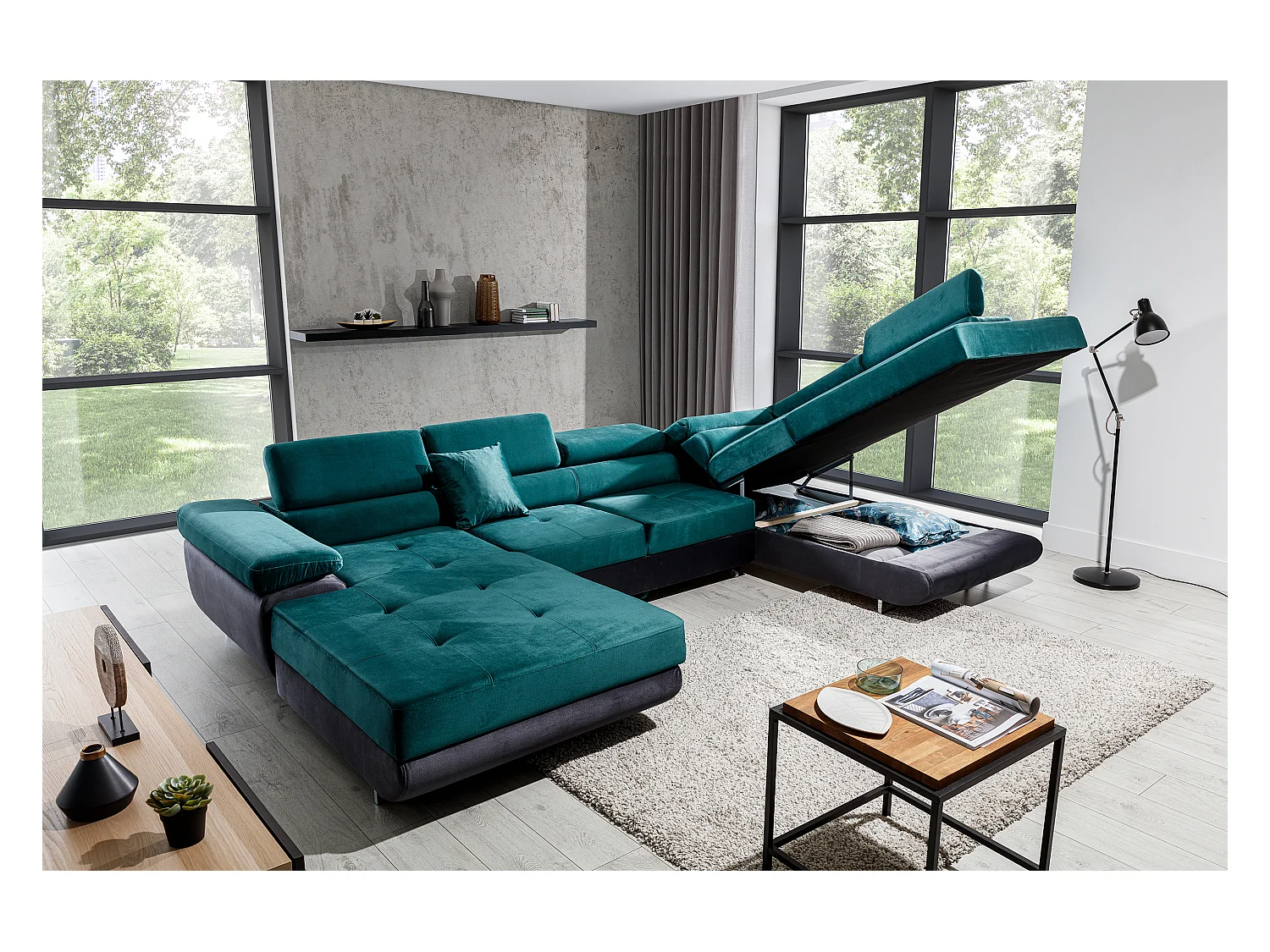 Canapé panoramique convertible ROMANO - Rangement et appuie-têtes réglables-Gris foncé/Vert-Coffre à droite