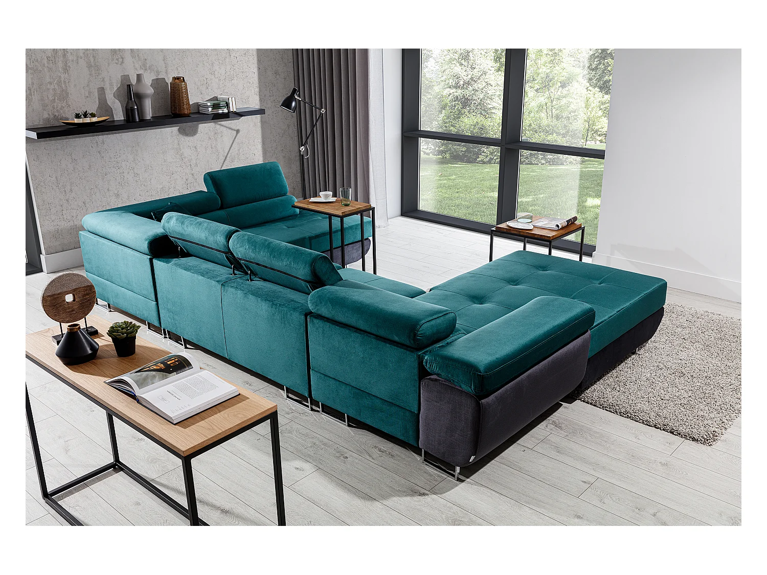 Canapé panoramique convertible ROMANO - Rangement et appuie-têtes réglables-Gris foncé/Vert-Coffre à droite