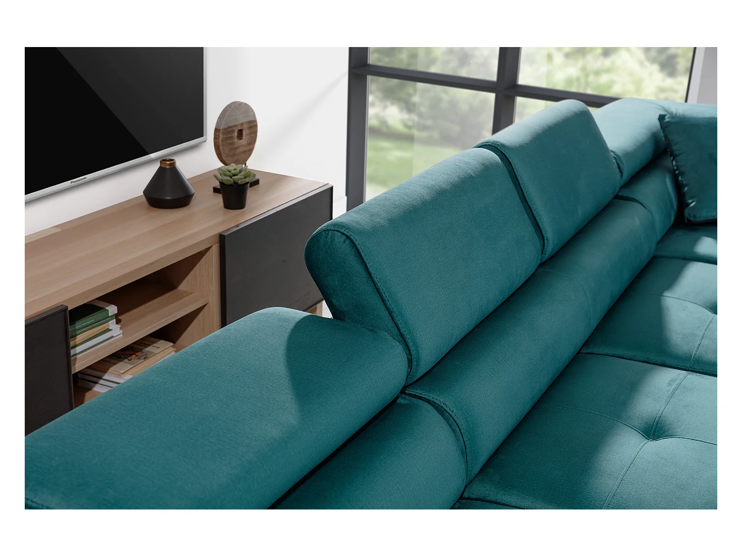 Canapé panoramique convertible ROMANO - Rangement et appuie-têtes réglables-Gris foncé/Vert-Coffre à droite