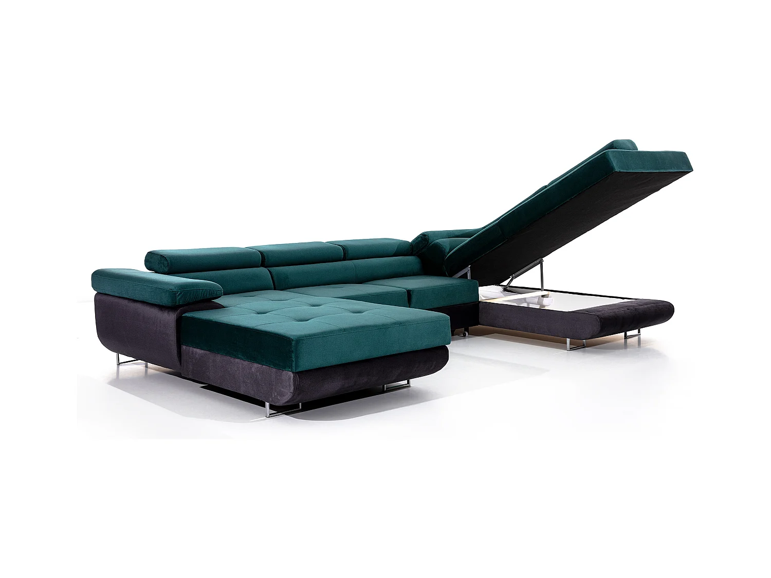 Canapé panoramique convertible ROMANO - Rangement et appuie-têtes réglables-Gris foncé/Vert-Coffre à droite