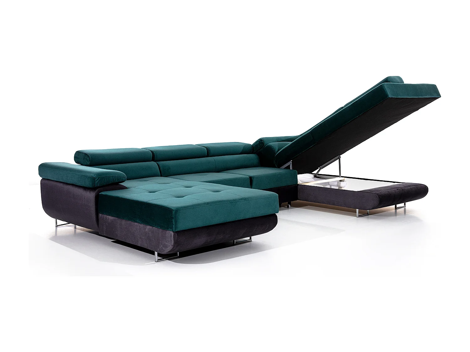 Canapé panoramique convertible ROMANO - Rangement et appuie-têtes réglables-Gris foncé/Vert-Coffre à droite