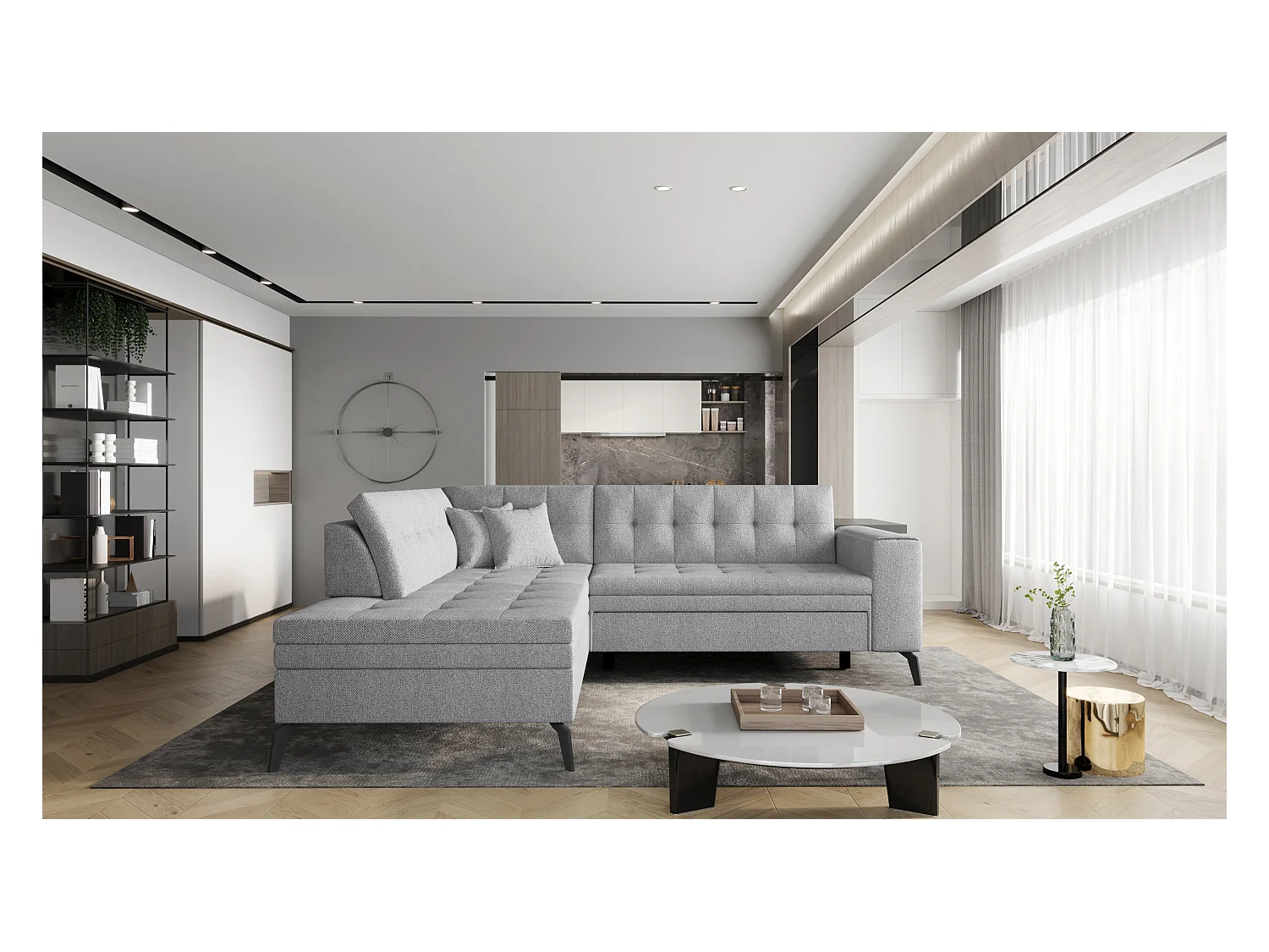 Canapé d'angle convertible tissu LARRY - Pieds acier noir-Gris clair-angle gauche