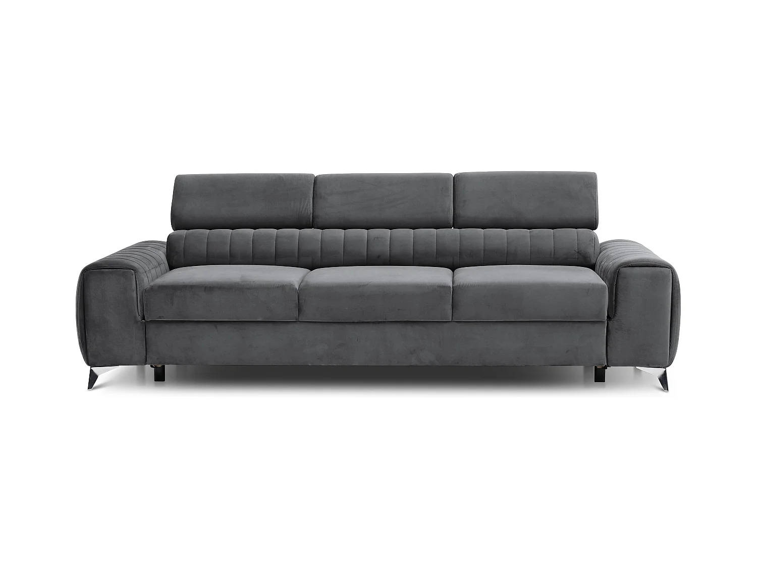 Canapé convertible velours LOZA - Appuis-tête réglables et pieds acier chromé-Gris anthracite