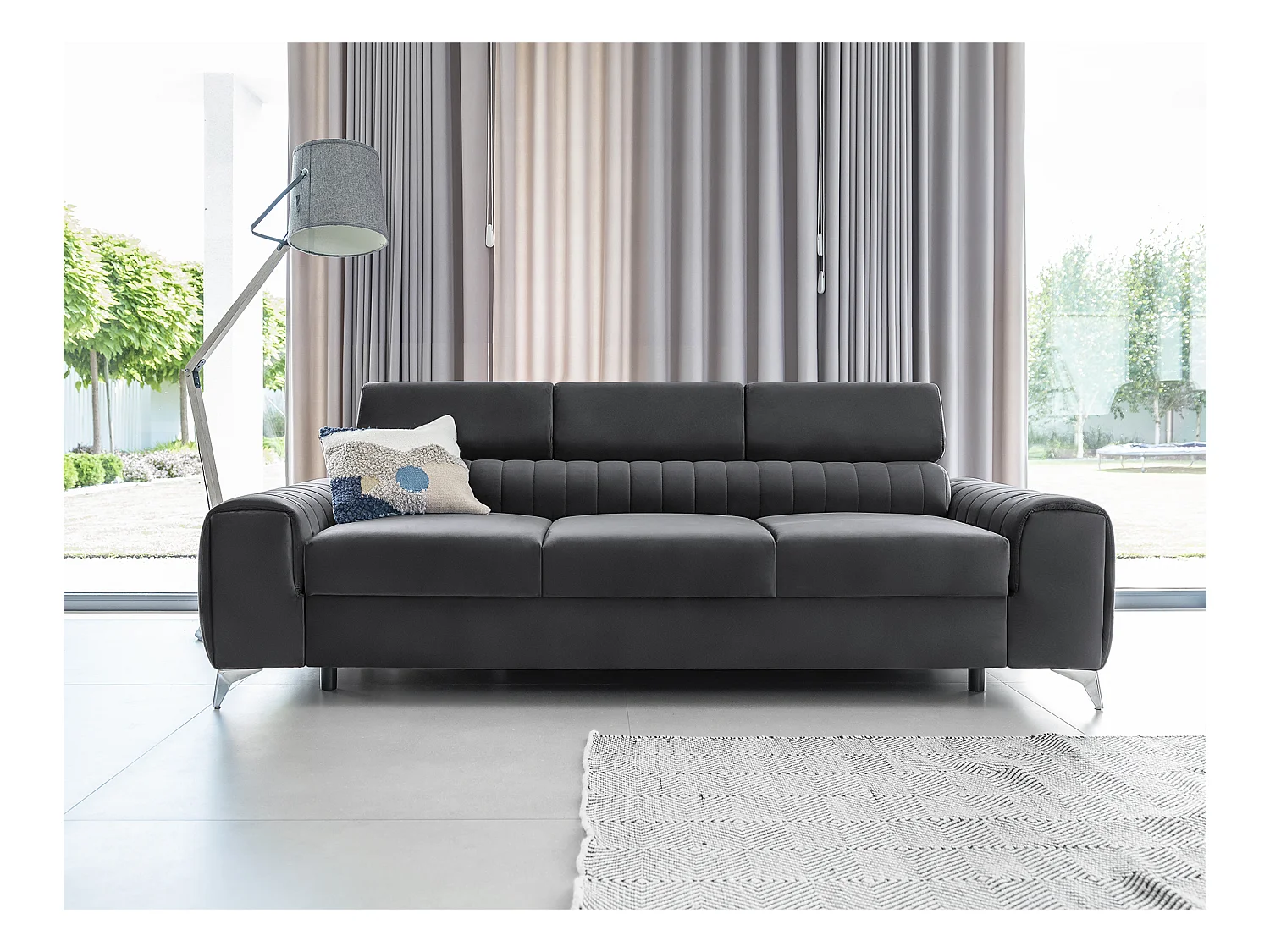 Canapé convertible velours LOZA - Appuis-tête réglables et pieds acier chromé-Gris anthracite