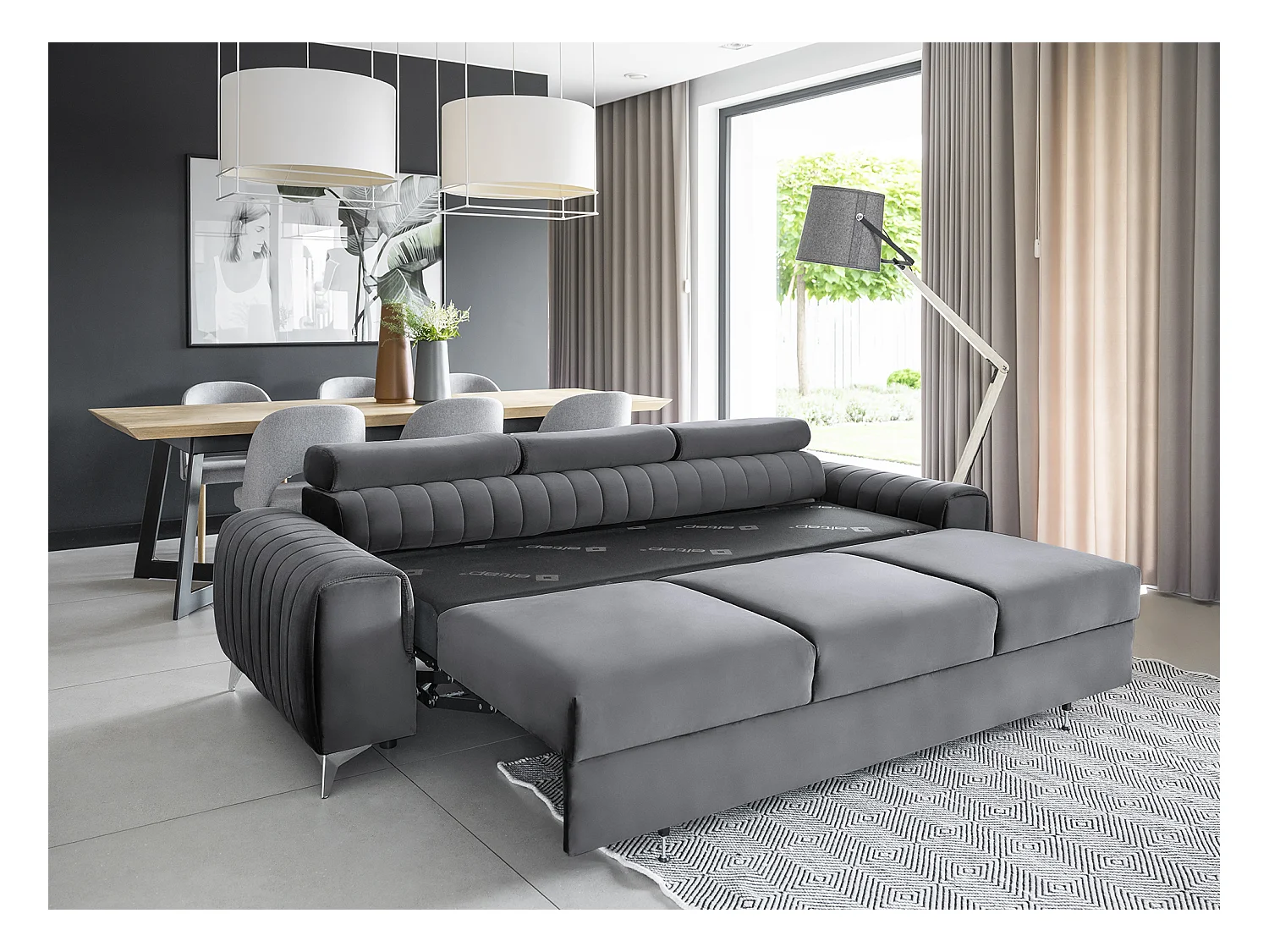 Canapé convertible velours LOZA - Appuis-tête réglables et pieds acier chromé-Gris anthracite