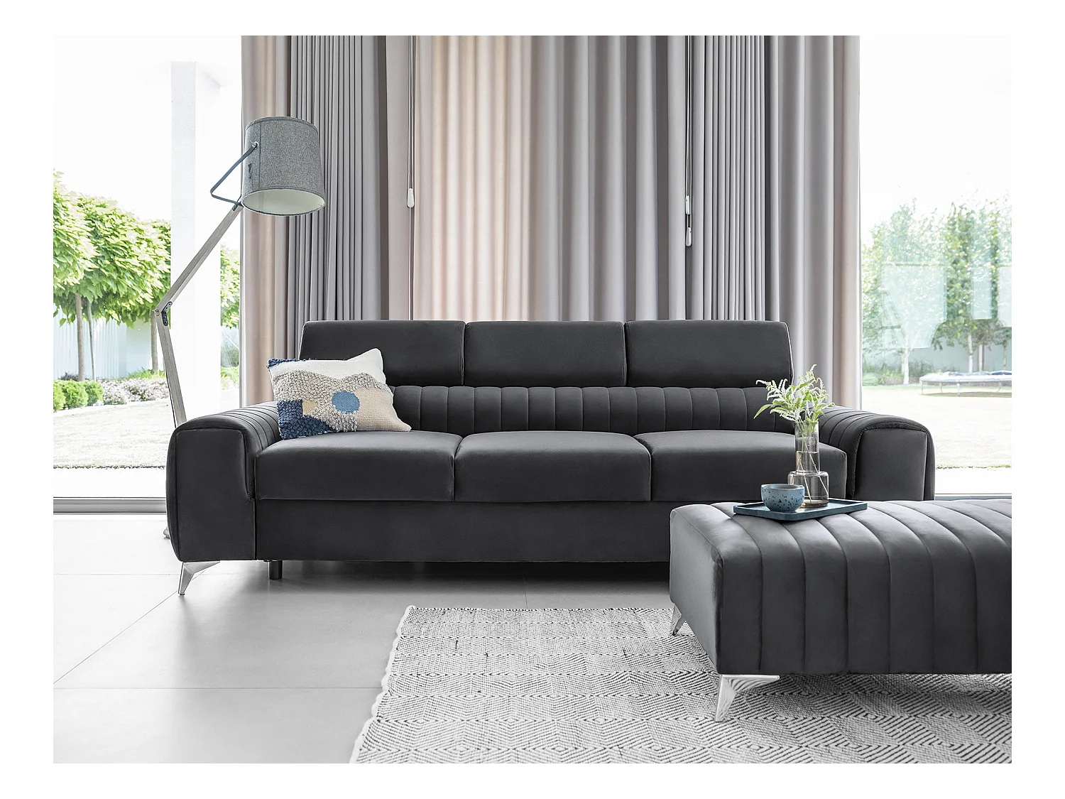 Canapé convertible velours LOZA - Appuis-tête réglables et pieds acier chromé-Gris anthracite