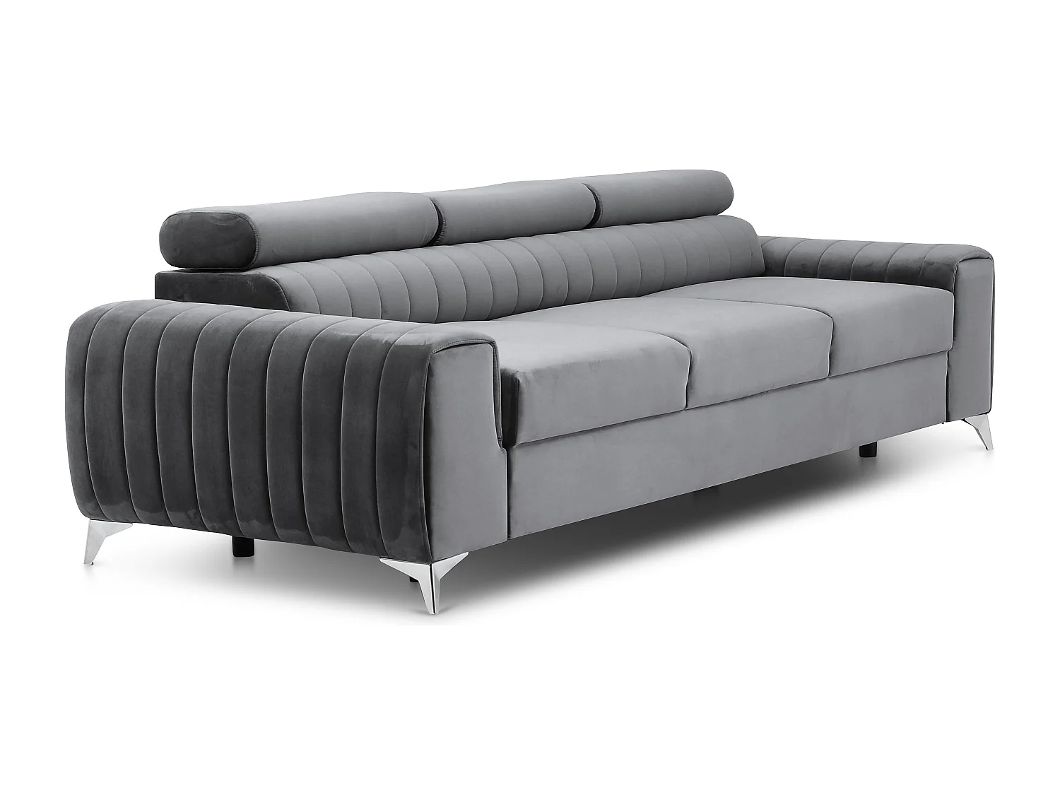 Canapé convertible velours LOZA - Appuis-tête réglables et pieds acier chromé-Gris anthracite