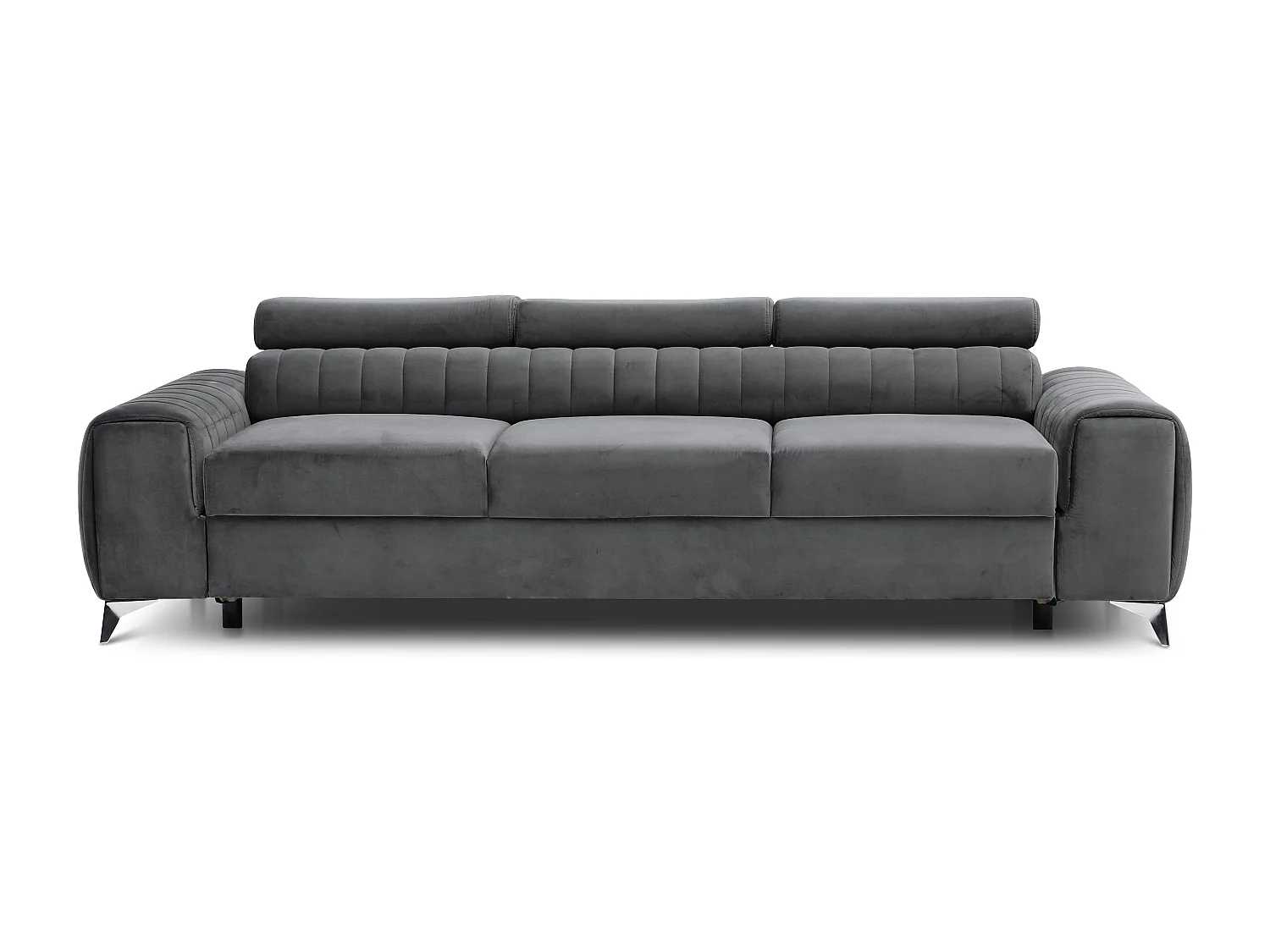 Canapé convertible velours LOZA - Appuis-tête réglables et pieds acier chromé-Gris anthracite