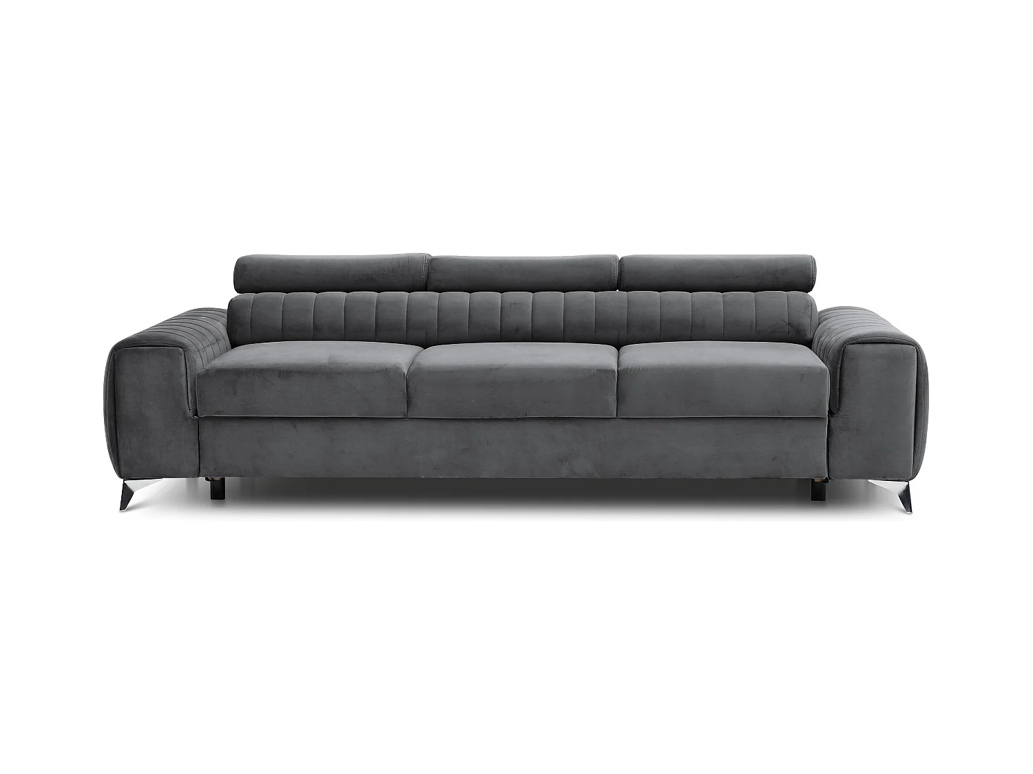 Canapé convertible velours LOZA - Appuis-tête réglables et pieds acier chromé-Gris anthracite