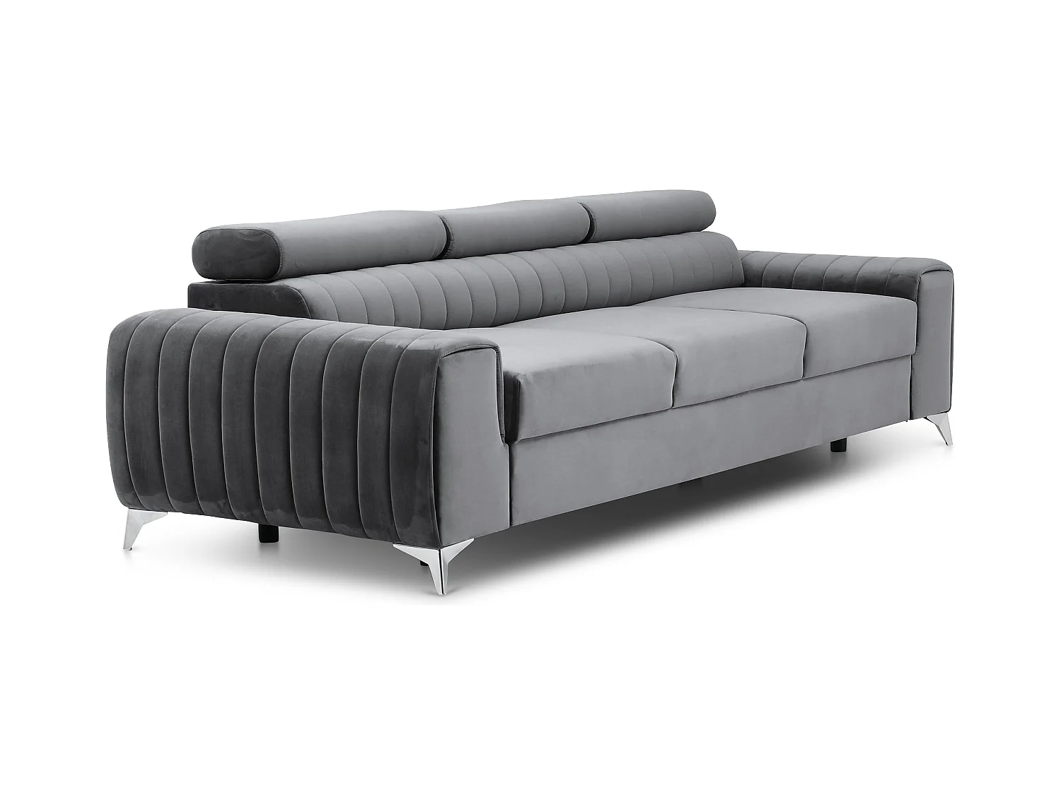 Canapé convertible velours LOZA - Appuis-tête réglables et pieds acier chromé-Gris anthracite